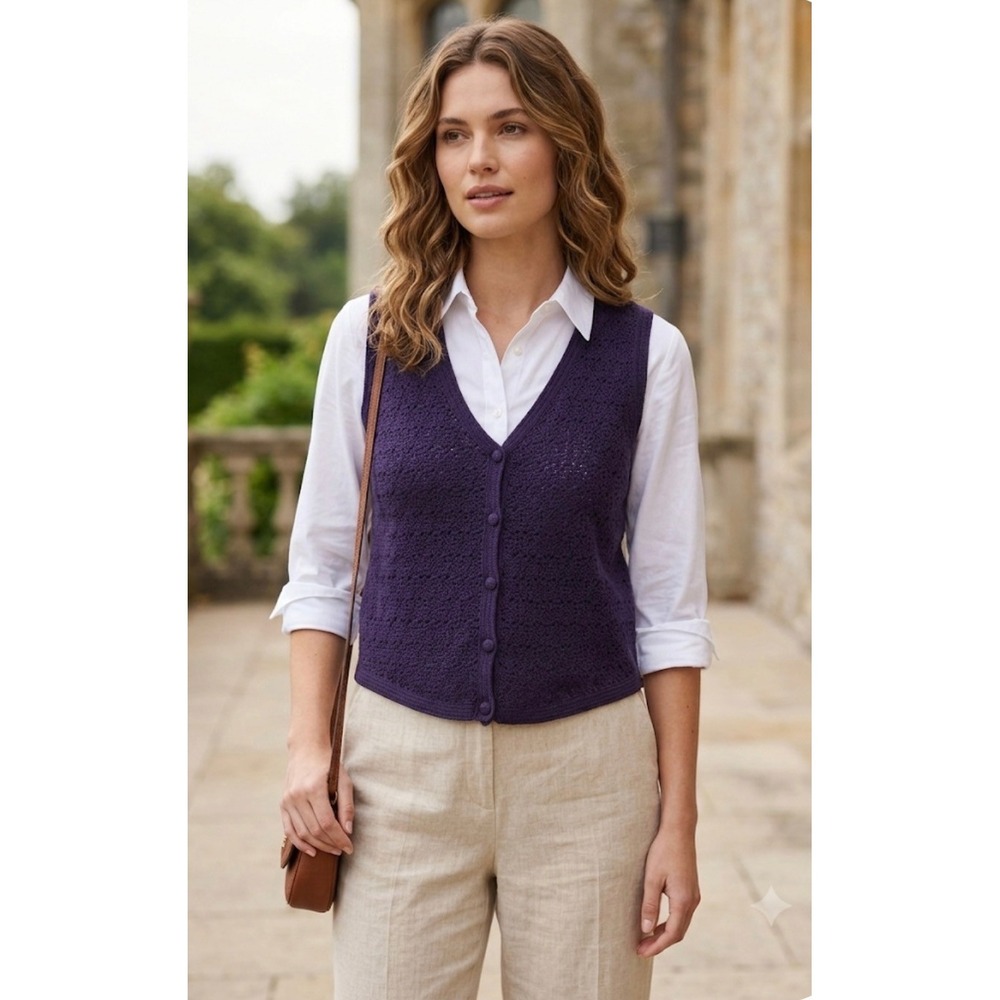 Valerie Stevens Vest Womens PM Purple Merino Wool Knit Button Front Grandmacore
